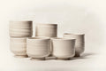 Conjunto de seis vasos de cerámica artesanal en blanco roto, mostrando sus relieves horizontales y formas orgánicas.